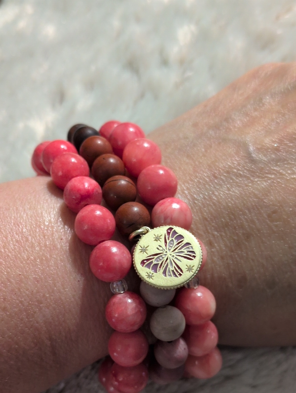 Lot 3 Beaded Stretch Bracelets Pink Quartz Wood Butterfly Charm Stack Boho